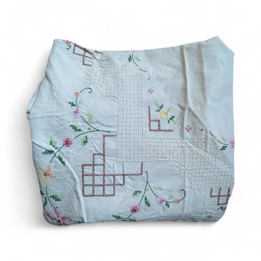 Vintage Tablecloth Hand Embroidered Floral CrossStitch  50” Sewing Upcycle craft - Picture 5 of 14
